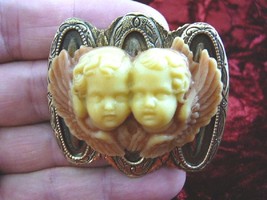 (CL49-12) Twin two Cherubs angels ivory + orange CAMEO oval brass Pin Pendant - £27.87 GBP