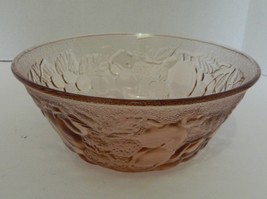 Vegetable Bowl Pink Glass Serving Frosted Bottom Top Edge Fruit in Relief - £13.35 GBP