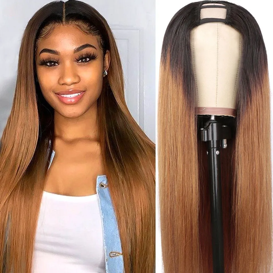 U Part Wig Human Hair Perruque Ombre Human Hair Wig 1b 30 2 Tone Brown W - £36.92 GBP+