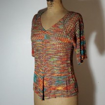 DB Established 1962 Crochet Top Rainbow V Neck 3/4 Sleeve Asymmetric Hem Size M - £18.63 GBP