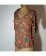 DB Established 1962 Crochet Top Rainbow V Neck 3/4 Sleeve Asymmetric Hem... - $23.52