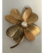 Vintage 12K Gold Filled Shamrock Irish Four-Leaf Clover Pearl Brooch Pin... - £19.59 GBP