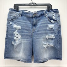 Lane Bryant Midrise Boyfriend Midi Shorts 16 Stretch Denim Jean Distress Patched - £16.98 GBP