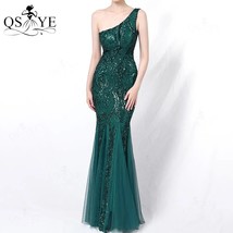 One  Emerald Evening Dresses Green Sequined Long  Prom Gown Glitter Elegant Part - £102.39 GBP