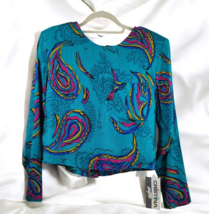 Vintage Christina Blouse Womans Medium Teal Colorful Paisley Button Up Back USA - £28.36 GBP