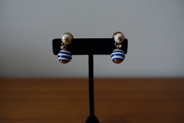 Tory Burch BLUE/WHITE Stripe Pearl T Logo Earrings. New - £36.87 GBP