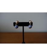 TORY BURCH BLUE/WHITE STRIPE PEARL T LOGO EARRINGS. NEW  - $45.99