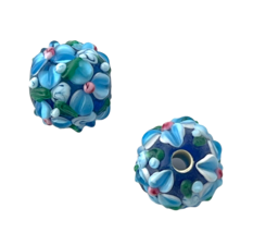 2 Artisan Lampwork Beads Glass Blue White Pink Flowers 13mm Textured Round - $4.99