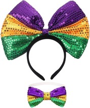 Mardi Gras Headband Decoration Set Sequins Bow Headband with Small Bow Tie for H - £23.94 GBP