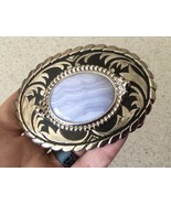 Vintage Oval Silvertone Southwestern Belt Buckle w Blue Lace Agate Cabochon - £8.30 GBP