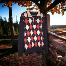 Bobby Jones Sweater Mens Size Large~Button Argyle Blue Red Grey 100% Merino Wool - £26.07 GBP