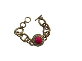 Gold Tone Bracelet Pink Stone Multiple Rhinestones Chain Toggle Close - £19.73 GBP