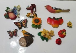 Set of 12 Vintage Refrigerator Magnets Birds Flowers Butterflies Ladybugs Apples - £18.59 GBP