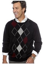NWT Saddlebred XL Cotton Blend Knit Crew Neck Sweater Black Multi Argyle... - £9.29 GBP