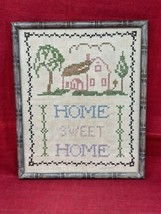 Embroidered Folk Art VTG Needlepoint Home Sweet Home Hand Made Farm Tiki Framed - £62.60 GBP