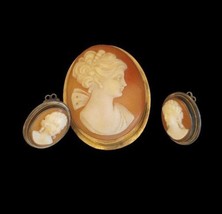 Vintage 14K Cameo Pendant/Brooch &amp; 800 Silver Cameo Earrings set made in Italy - £448.37 GBP