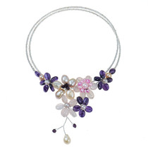 Amethyst -Rose Quartz-Pearl Floral Bouquet Cluster Choker Necklace - £21.58 GBP