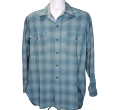 Vintage Pendleton Wool Flannel Shirt Men M Size 16 Teal Plaid Elbow Patc... - $49.49