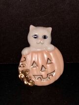 Vintage Lenox Kitty Cat In Pumpkin Porcelain Autumn Brooch Pin Halloween... - $24.00