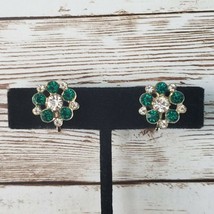 Vintage Screw On Earrings Green &amp; Clear Gems Flower Shape - £11.14 GBP