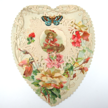 Antique Valentine Die cut Heart LARGE Girl Red Dress Hat Butterfly Cupid Flowers - £16.11 GBP
