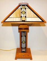 MISSION DESIGN STAINED GLASS TIFFANY STYLE LIT BASE LIGHT WOOD 30&quot; TABLE... - $341.54