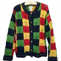 Susan Bristol Sweater Cardigan L Handmade Multicolor Plaid Cable Knit Vt... - £24.00 GBP