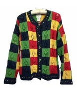 Susan Bristol Sweater Cardigan L Handmade Multicolor Plaid Cable Knit Vt... - £23.65 GBP