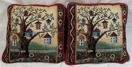 2 Bird House Tapestry Pillows 16&quot; x 16&quot; For Rent Vacant Signs Flowers He... - £26.37 GBP