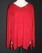Vila Milano Women Red Pullover Sweater V-Neck Beaded Split Hem Plus Size 1X NEW - £15.50 GBP