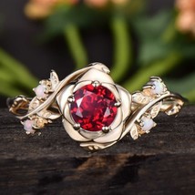 Vintage Round Ruby Engagement Ring Unique Twig Leaf Rose Flower Ring Gol... - £43.18 GBP