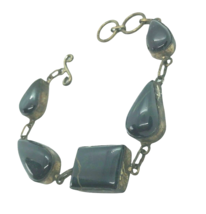 Vtg Bracelet Modernist Bezel set polished stone Artisan boho brass patina geo - £31.64 GBP