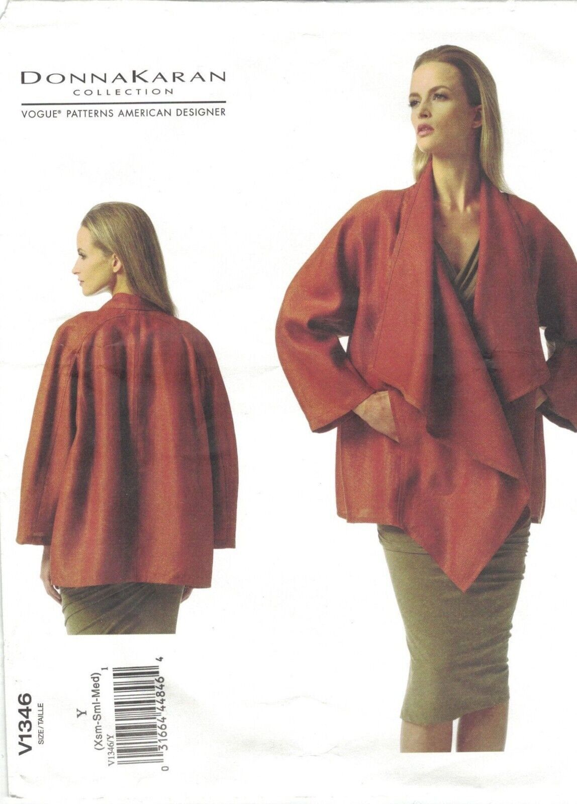 Primary image for Vogue 1346 Donna Karan Unlined Waterfall Jacket Pattern Misses Size 4-14 Uncut