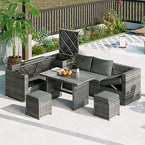 , L-Shaped Outdoor Pe Wicker Rattan Sectional Conversationset With Adjus... - £1,098.94 GBP