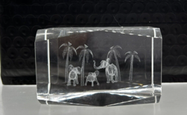 3D Laser Etched Crystal Paperweight 3 Elephants  Palm Trees 3&quot; w x 2&quot; d x 2&quot; h - £14.12 GBP