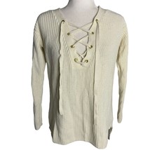 Guess Cable Knit V Neck Sweater S Cream Lace Up Front Long Sleeves Stretch - £14.54 GBP