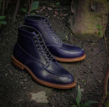 Men High Ankle Boots Purple Color Premium Quality Leather Apron Split Toe Laceup - £125.33 GBP