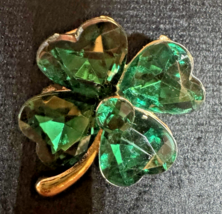 Vintage St Patrick’s Day Shamrock Brooch Green Faceted Rhinestone Gold T... - $18.80