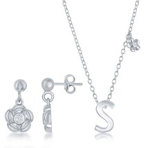 Sterling Silver Shiny &quot;S&quot; with Tiny CZ Flower Necklace and Earrings Set - £59.44 GBP