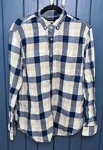 Mens Navy Blue Cream Beige Plaid Linen Button Down Shirt Camden Fit Size Large - £15.31 GBP