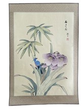 Original Vintage Signed Chinese Watercolor Painting Blue Bird Purple Flowers - £50.32 GBP