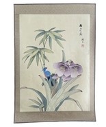 Original Vintage Signed Chinese Watercolor Painting Blue Bird Purple Flo... - £50.27 GBP