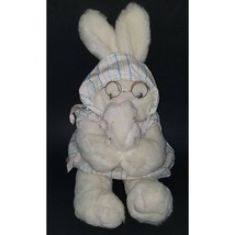 VTG Chosun White Bunny Rabbit Mom + Baby Plush Toy Striped Outfit Wire Glasses - £27.65 GBP