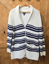 Lands End Sweater Womens XL White Cardigan Blue Stripe Button Up Preppy Top - $23.38