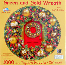 SunsOut Lori Schory Green and Gold Wreath 1000 pc Round Jigsaw Puzzle Christmas  - £15.85 GBP