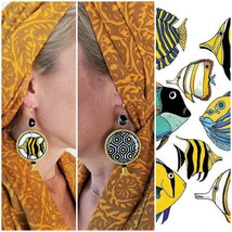 Handpainted olive wood Fish art earrings Greek colorful circle sea earrings gift - £38.07 GBP