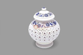White Marble Flower Vase With Lid Decorative Centerpiece Lapis Inlay Art Decor - £641.00 GBP
