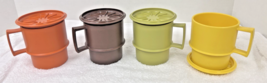 Four Vintage Tupperware Stackable Coffee Mugs #1312 with Coaster Lids #1313 - $29.21