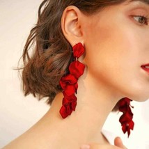 Fashion Rose Petal Long Earrings Red Color - £14.09 GBP