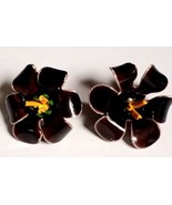 Vintage Enamel Over Metal BROWN &amp; ORANGE FLOWER  Clip On Earrings - £13.49 GBP